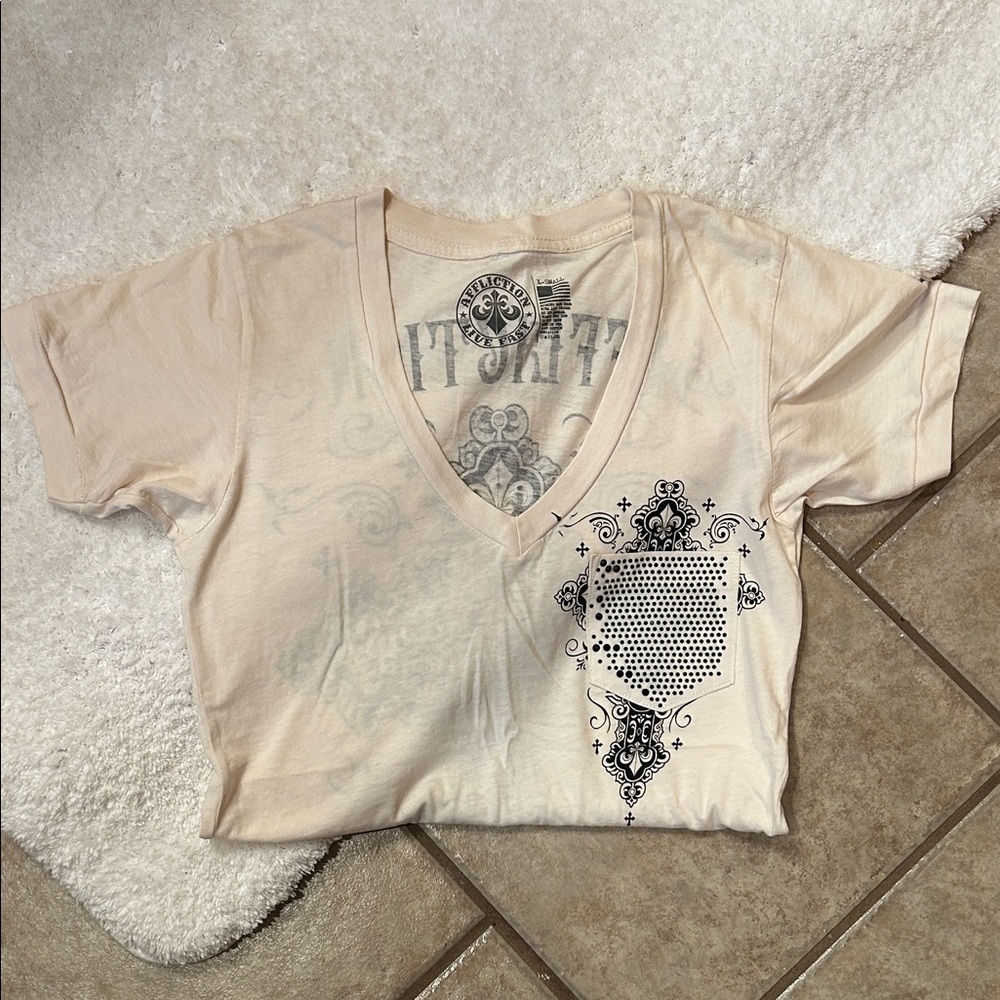 Affliction Cream V-Neck Graphic Tee